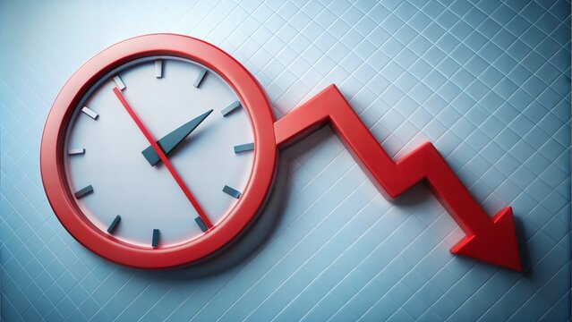 Interest rate symbol with a downward arrow on a clock face, time running out on savings