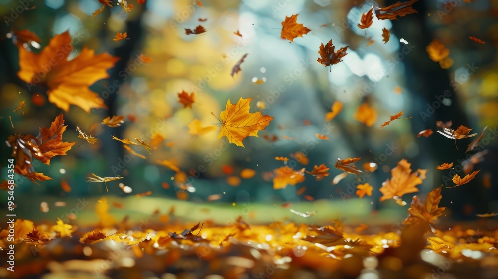 Poster a beautiful autumn scene with leaves falling from the trees