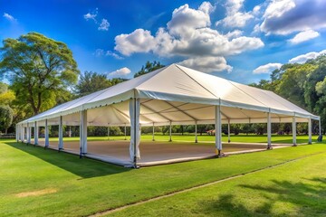 Fototapeta premium Large white empty event tent on green lawn in a park