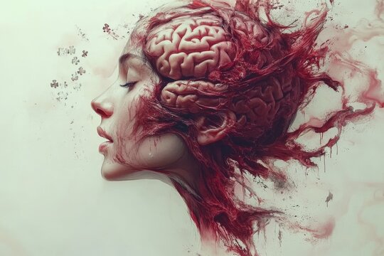 Memory processing Parallel Surreal profile of a woman with a brain transforming into red particles symbolizing the disintegration of thought and the fragility of memory in a dreamlike state