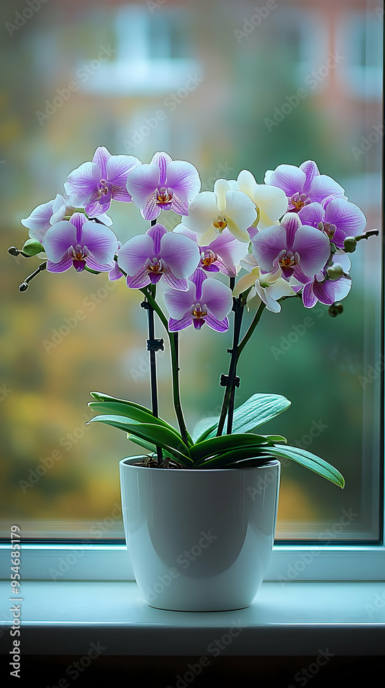 Poster Pink and White Orchid in White Pot on Windowsill.