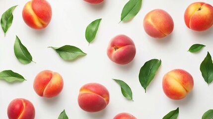 A flat lay of ripe peaches surrounded by green leaves on a white background.