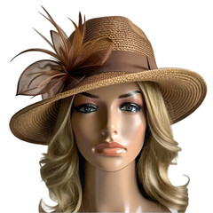 Women's brown fedora hat fascinator on a mannequin head display with transparent background
