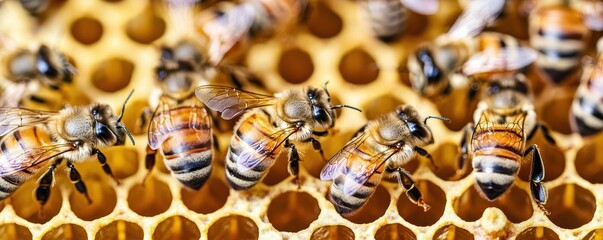 Close-up of bees working on honeycomb, showcasing their intricate patterns and vibrant colors in a natural setting.