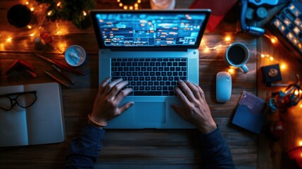 Evening workspace featuring a laptop illuminated by soft lights, surrounded by stationery, a coffee cup, and holiday decorations, creating an inviting atmosphere for work