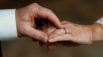 Two hands come together, showcasing a wedding ring as the couple shares a meaningful moment during their intimate marriage ceremony filled with love and warmth