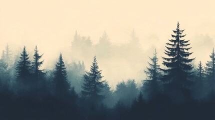 Serene misty forest landscape with evergreen trees shrouded in fog.