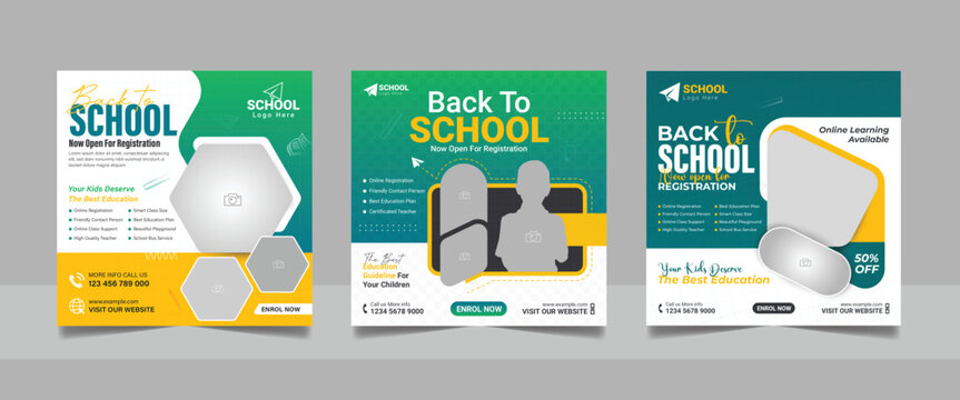 back to school admission social media post set, higher education promotion square flyer web banner study abroad template design.