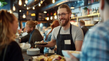 A friendly barista in an apron smiles as he hands a plate with a pastry to a waiting customer in a lively coffee shop filled with patrons enjoying their morning