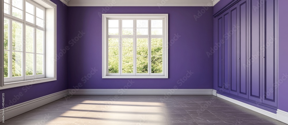 Poster empty room featuring purple painted walls a stoneware floor a built in wardrobe with painted doors a