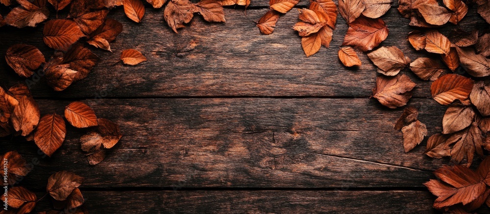 Leinwandbilder autumn leaves on a wood surface. with copy space image. place for adding text or design