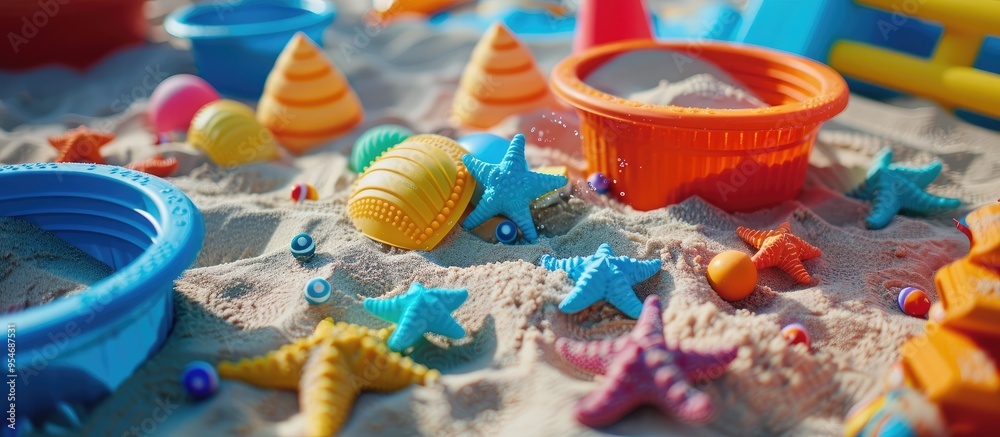 Poster multicolored children s toy set for summer activities in a sandbox or at the sandy beach on a blue a