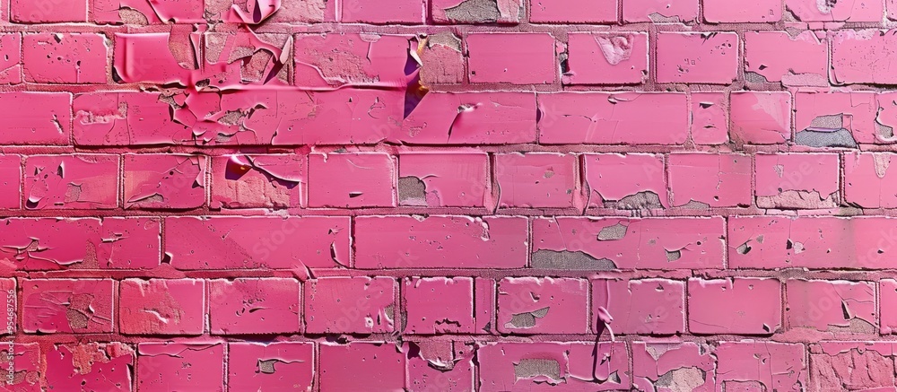Poster exposed brick wall backdrop freshly painted in reddish pink urban style. with copy space image. plac