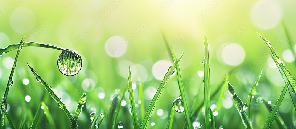 Fototapete Close up of fresh grass with dew drops A drop hangs from the grass Spring themed image for the background. with copy space image. Place for adding text or design