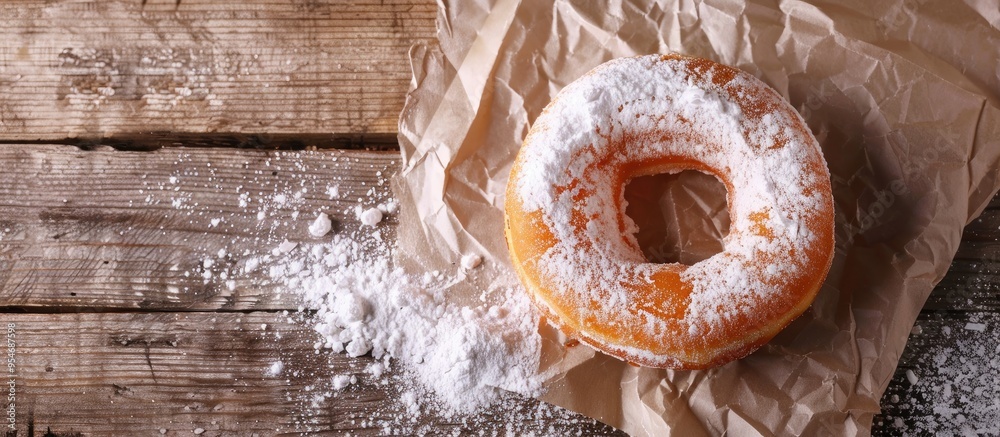 Fototapete donut and powdered sugar on parchment paper. with copy space image. place for adding text or design