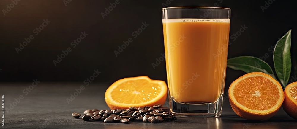 Poster a glass of delicious coffee alongside orange juice on a dark background. with copy space image. plac
