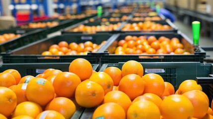 Bright, ripe oranges are neatly arranged in green bins at a bustling distribution center, ready for shipment. Forklifts and workers are visible in the background, busy with operations