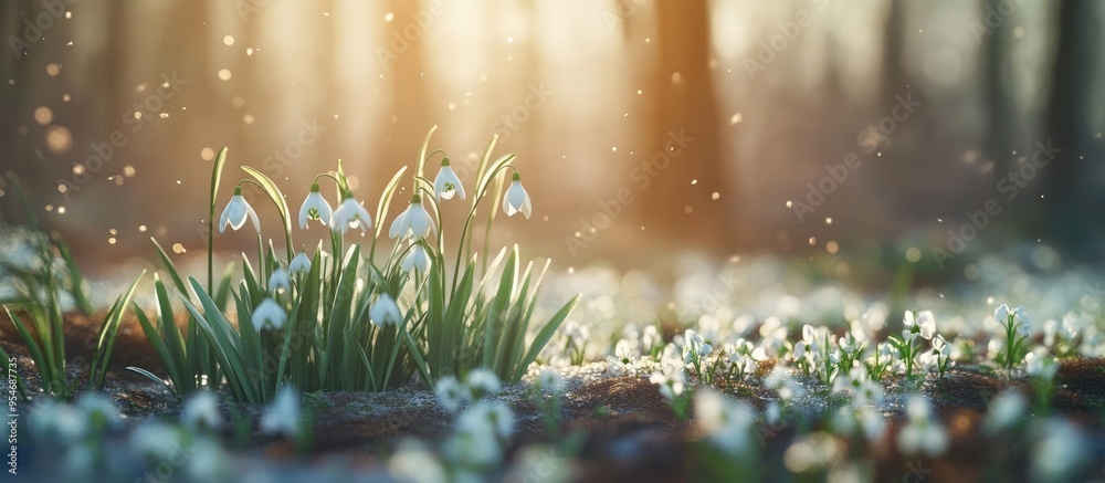 Aufkleber Snowdrop blooms in a spring forest. with copy space image. Place for adding text or design