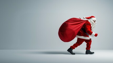 A jolly Santa Claus dressed in traditional red attire strides purposefully, his large red sack filled with gifts slung over his shoulder, ready for the festive season