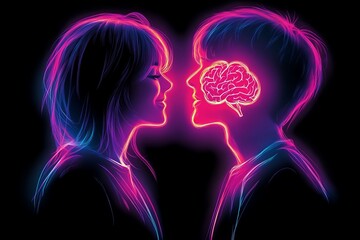 Brain development Parallel Neon colored silhouettes of two people with glowing brains symbolizing the vibrant and electrifying connection between their thoughts