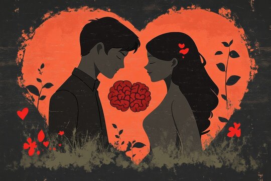Problem solving Parallel Abstract illustration of a couple with heart shaped brains symbolizing the fusion of love and intellect in a whimsical artistic expression