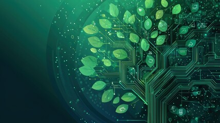Nature and circuits intertwining in a tree, digital screens, flat design illustration
