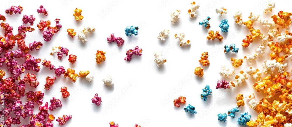 Fototapete colored popcorn set against a white background. with copy space image. Place for adding text or design