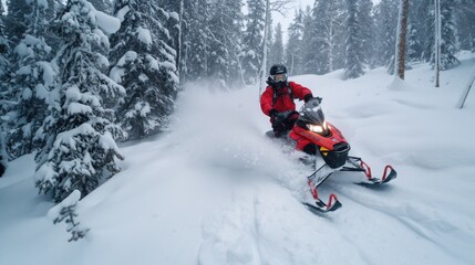 A snowmobiler in a bright red outfit navigates a snowy trail in a forest, kicking up snow as they glide through the serene winter landscape filled with tall trees