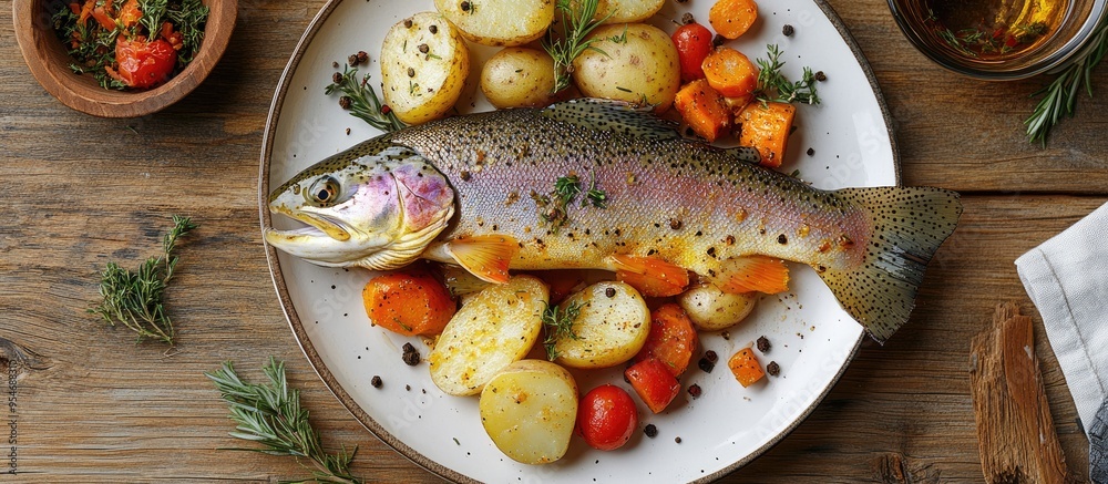 Poster modern style traditional steamed rainbow trout with boiled potatoes and carrot slices presented from