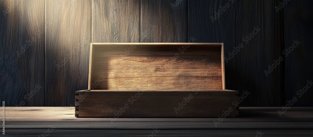 Poster Wood Background Wooden box and vacant area Wood box on a wood table Empty wood box on the table. with copy space image. Place for adding text or design