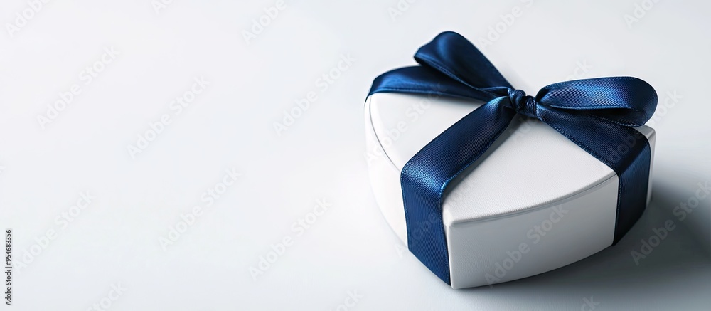 Poster Heart shaped ring box gift with a blue ribbon isolated on a white background. with copy space image. Place for adding text or design