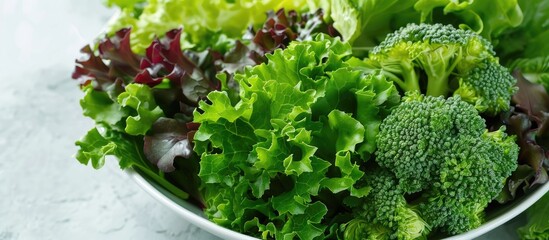 Green salad lettuce topped with steamed broccoli. with copy space image. Place for adding text or design