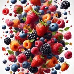 Fototapeta premium Falling wild berries mix, strawberry, raspberry, blueberry, blackberry, isolated on white background, full depth of field 
