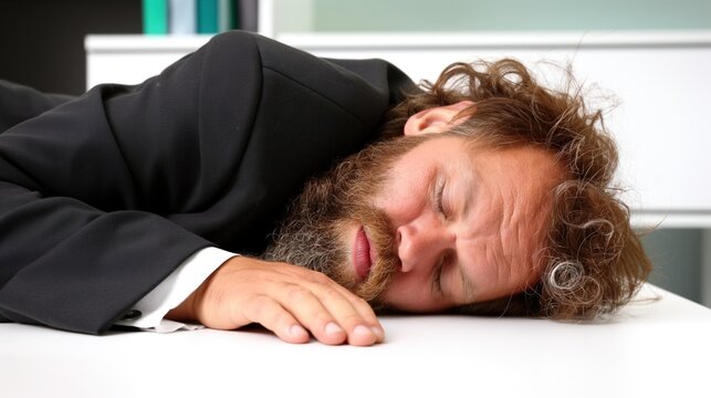 A businessman in a suit rests his head on his desk, appearing exhausted during a hectic day at work in a contemporary office environment - Powered by Adobe