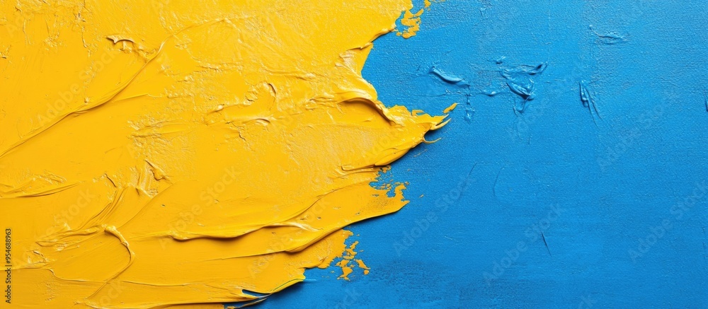 Poster yellow paint texture on a blue canvas minimalist background with copyspace creative idea