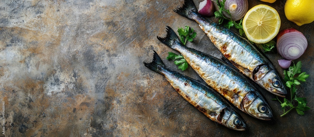 Poster top view of smoked fish accompanied by onions and lemon on copyspace