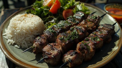 Turkish Kebab: Skewers of grilled Turkish kebab with lamb or chicken, served with rice and salad.