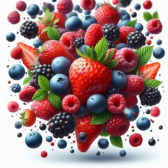 Obraz premium Falling wild berries mix, strawberry, raspberry, blueberry, blackberry, isolated on white background, full depth of field 