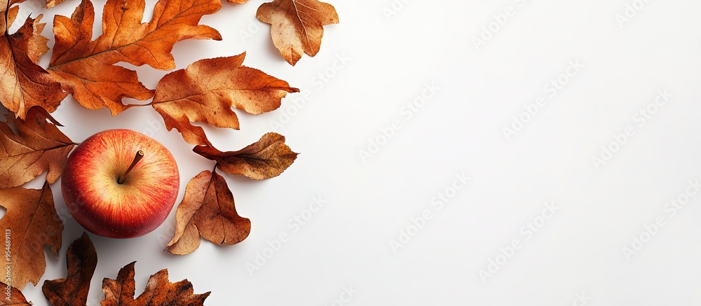 Poster Autumn nature theme Background featuring autumn elements Brown leaves and an apple on a white background top view with copy space for a pattern