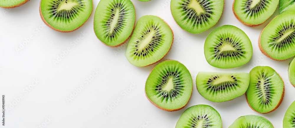 Fototapete freshly sliced kiwi fruit on a white background room for text vertical image. with copy space image.