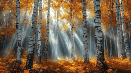 Obraz premium Sunbeams Illuminating a Misty Birch Forest in Autumn