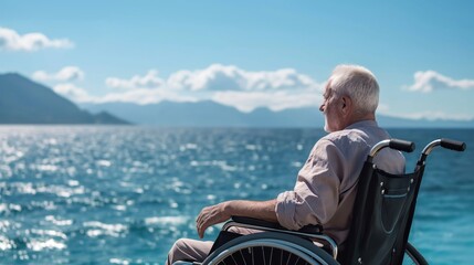 An elderly man sits in a wheelchair, gazing thoughtfully at the tranquil ocean waves and distant mountains under a clear blue sky, soaking in the peaceful atmosphere