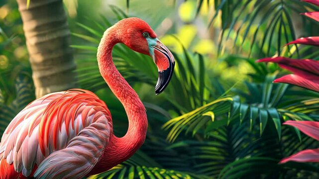 Pink flamingo in tropical forest, vibrant wildlife and nature concept