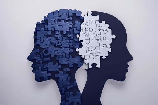 Personality trait Parallel Silhouetted profile of two heads with jigsaw puzzle brains symbolizing the process of assembling thoughts and ideas in a unified structure