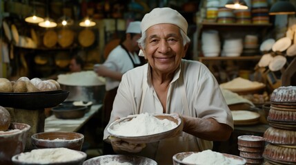 In a lively bakery, an older man beams as he presents a plate of flour. The warm atmosphere is enhanced by the sight of fresh baked goods and various kitchen items around him
