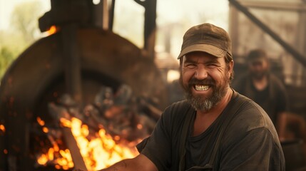 A cheerful blacksmith enjoys his work at the forge, surrounded by glowing coals and tools, in a rustic workshop during the morning hours