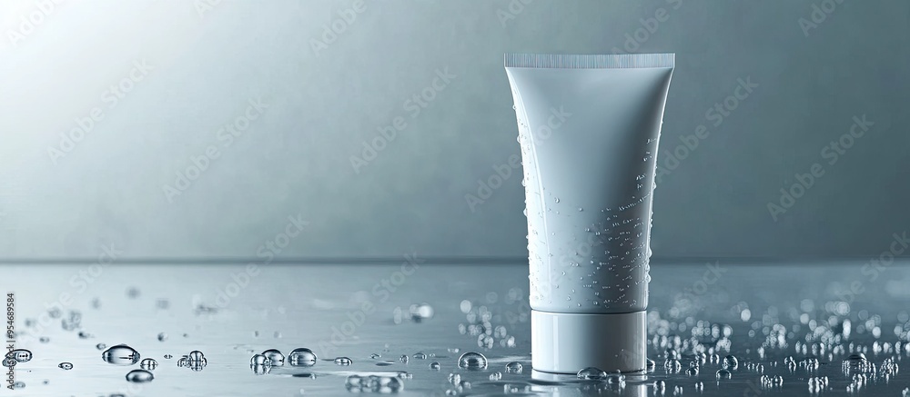 Poster Moisturizing cream in a tube placed on glass with water droplets against a gray background. with copy space image. Place for adding text or design