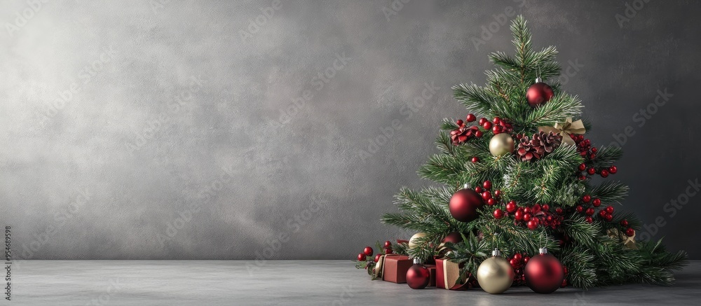 Poster Christmas arrangement Christmas tree bells set against a gray background. with copy space image. Place for adding text or design