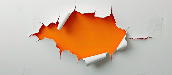 A hole in white paper against an orange background copyspace