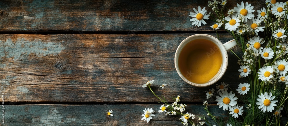Poster herbal tea featuring chamomile flowers set against an old wooden table background. with copy space i